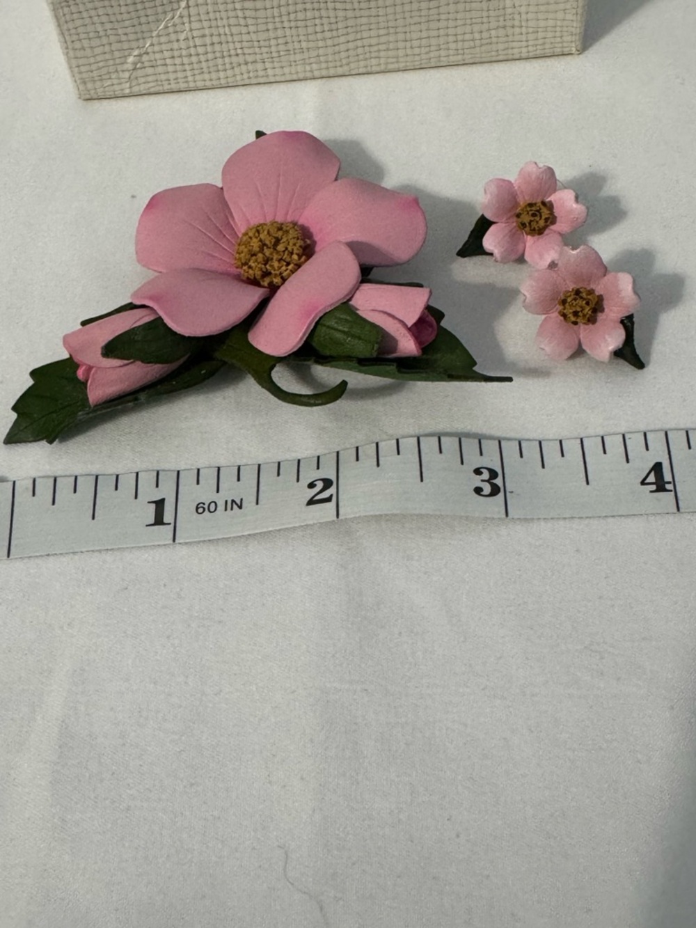 Vintage Pink Flower Brooch & Earrings Set Hand Painted Floral - Picture 6 of 6